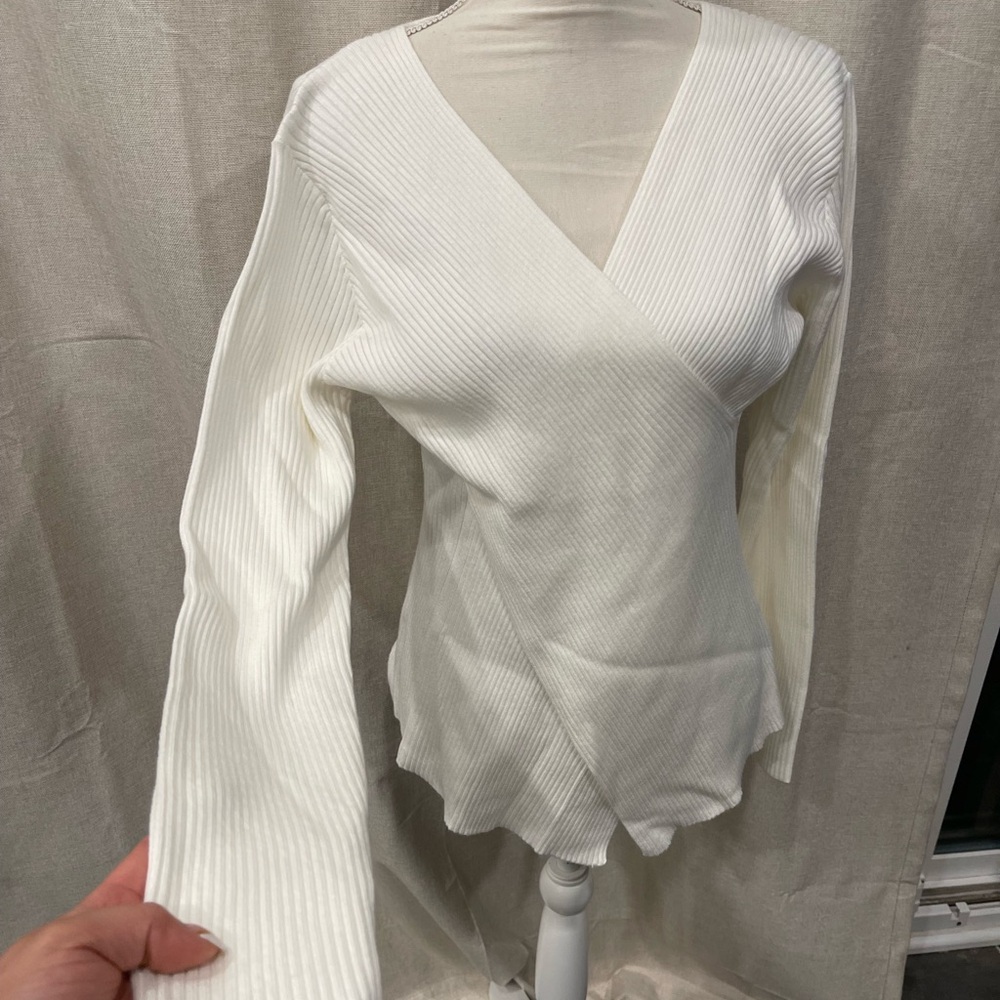 White Ribbed Wrap Sweater